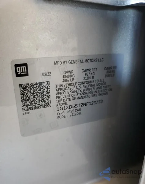 2022 Chevrolet Malibu Lt из США, поврежденный, VIN 1G1ZD5ST2NF123733